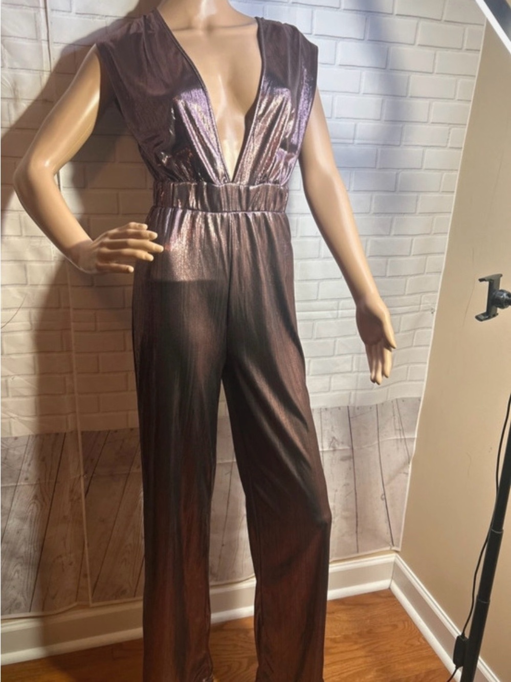 Shimmering Plum Deep-V Jumpsuit with Elastic Waist